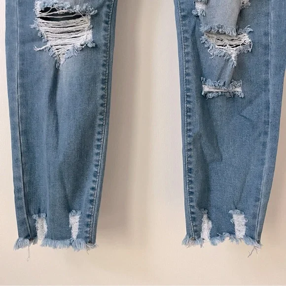 Raw Hem Medium Wash Distressed Ripped Hole Boyfriend Denim Jeans - Picture 7 of 12